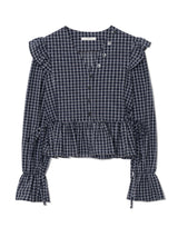 BUTTON CHECK FRILL BLOUSE(BLUE)