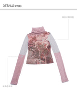 CONFUN's "pink vortex beacon"プリントウールパッチワークハイネックメッシュトップス