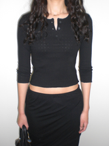 Flower pointelle button T [Black]