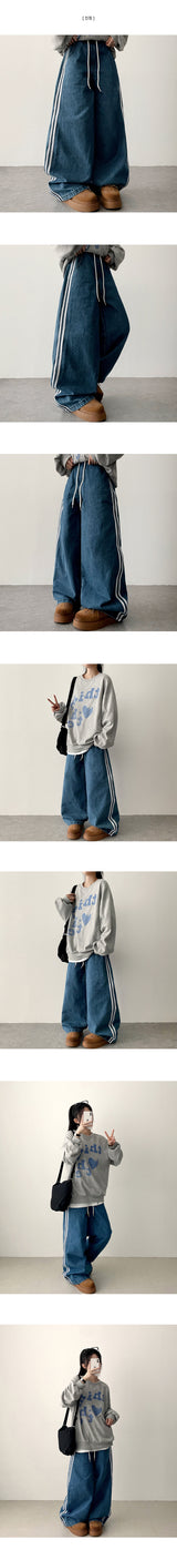 Jupe ウエストバンドトラックラインデニムワイドパンツ