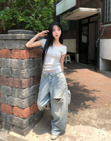 コーツ リバース ダメージ ワイド デニム パンツ