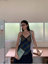 blue frill checkered frill sleeveless dress