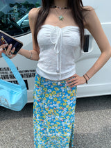 Waxy Blue Flower Long Color Skirt