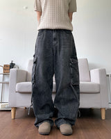 ストラップカーペンターブラックデニムパンツ