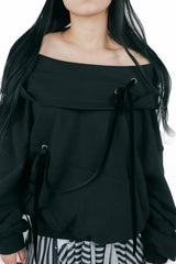 offshoulder ribbon hoodie(black)