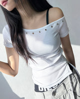 Hotcross Rivet Off-Shoulder Ribbed Crop T-Shirt 5color