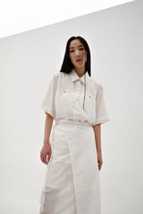 Linen crinkle half shirt, Ivory