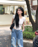 ニッペン ダメージド ワイドデニムパンツ