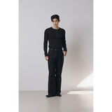 Leather ribbed henry neck long sleeves(Black)