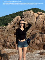 V-neck ribbed button slim fit long sleeve knit wrap cardigan (5 colors)
