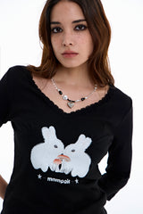 Rabbit Lace V-Neck Tee [Black]