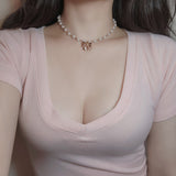 アドラブル リボンパールチョーカーネックレス- Rosegold Color