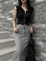 SALE! Gray washed denim back slit H-line long skirt (Gray)