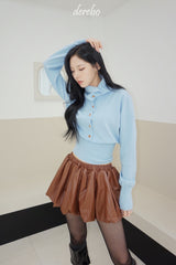 Sky blue high-neck button long-sleeved knitwear