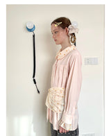 UnsocialNight2025 Autumn New Polka Dot Pleated Stitching Pink Doll Collar Loose Long-sleeved Shirt