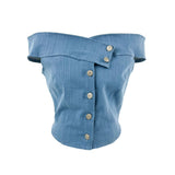 Deli off-shoulder button crop denim short sleeve T (3 colors)