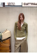 high-neck button bold ribbed loose fit knitwear