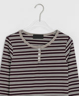 Mibat Stripe Henley Neck Long Sleeve Tee