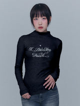 レタリングキュービックタートルネックTシャツ - ブラック,ネイビー