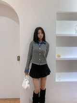 Perry Denim-Layer Cable Knit Long Sleeve Cardigan