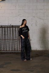Dirty Washed Wide Cargo Denim Pants - Black