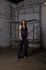 Dirty Washed Wide Cargo Denim Pants - Black
