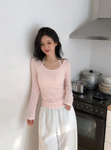 ナチュラル アイレット レイヤード ユーネック ティーシャツ (4color)