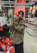 Trine check quilted padded hood shirt