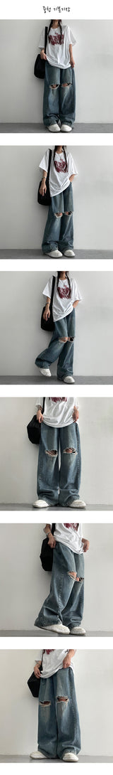 [S~XL] Bendil サイドピンタックニーズカッティングデニムワイドパンツ