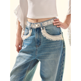 [GirlyFancyClub] Women's Lyocell Fiber Soft and Comfortable Lace Patch Retro Washed Blue Jeans