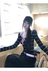 Pink strap striped striped long-sleeved t-shirt
