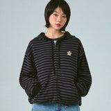 [UNISEX] Flower Dot Embroidery Knit Stripe Hooded Zip-up