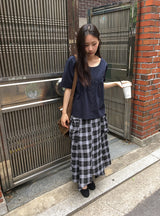 26SS★ [BAONHAUS] Chemini Check Unbalance Long Skirt