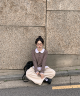 Round collar striped frill T-shirt