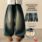 Leg hem snap side pin tuck denim wide pants