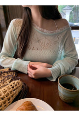Mint off-shoulder lace long-sleeved see-through knitwear
