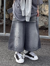 cross washing denim half pants