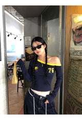 アンバランスオフショルダーブロックコアロングスリーブTシャツ