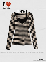 フェイクハーネックレイヤードストライプロングスリーブTシャツ