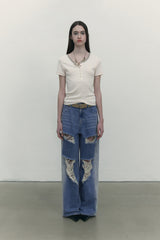 CHERRY DAMAGE WASHING WIDE DENIM-FIT PANTS [BLUE]