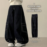 Tins Saint-Jean Stitch Side Curved Slit Cargo Denim Wide Pants