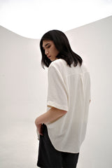 Linen crinkle half shirt, Ivory