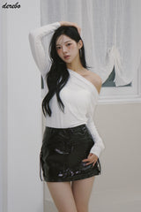 アンバランスオフショルダーシャーリングベーシック長袖Tシャツ