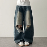 Andy Knee Damage Cutting Deep Washed Denim Wide Pants
