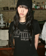 Untitled Frayed Embroidery Crop Short Sleeve Black