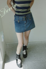 Belt dark blue mini denim pants skirt