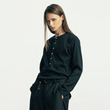 below button-down henry neck long sleeve black