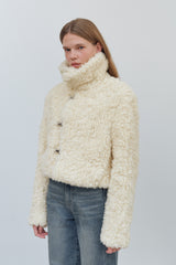 HOOK CLOSING UNBALANCE COLLAR FUR SHORT JACKET - IVORY