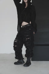 [unisex]レーザーダメージワイドデニム