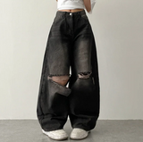 Andy Knee Damage Cutting Deep Washed Denim Wide Pants